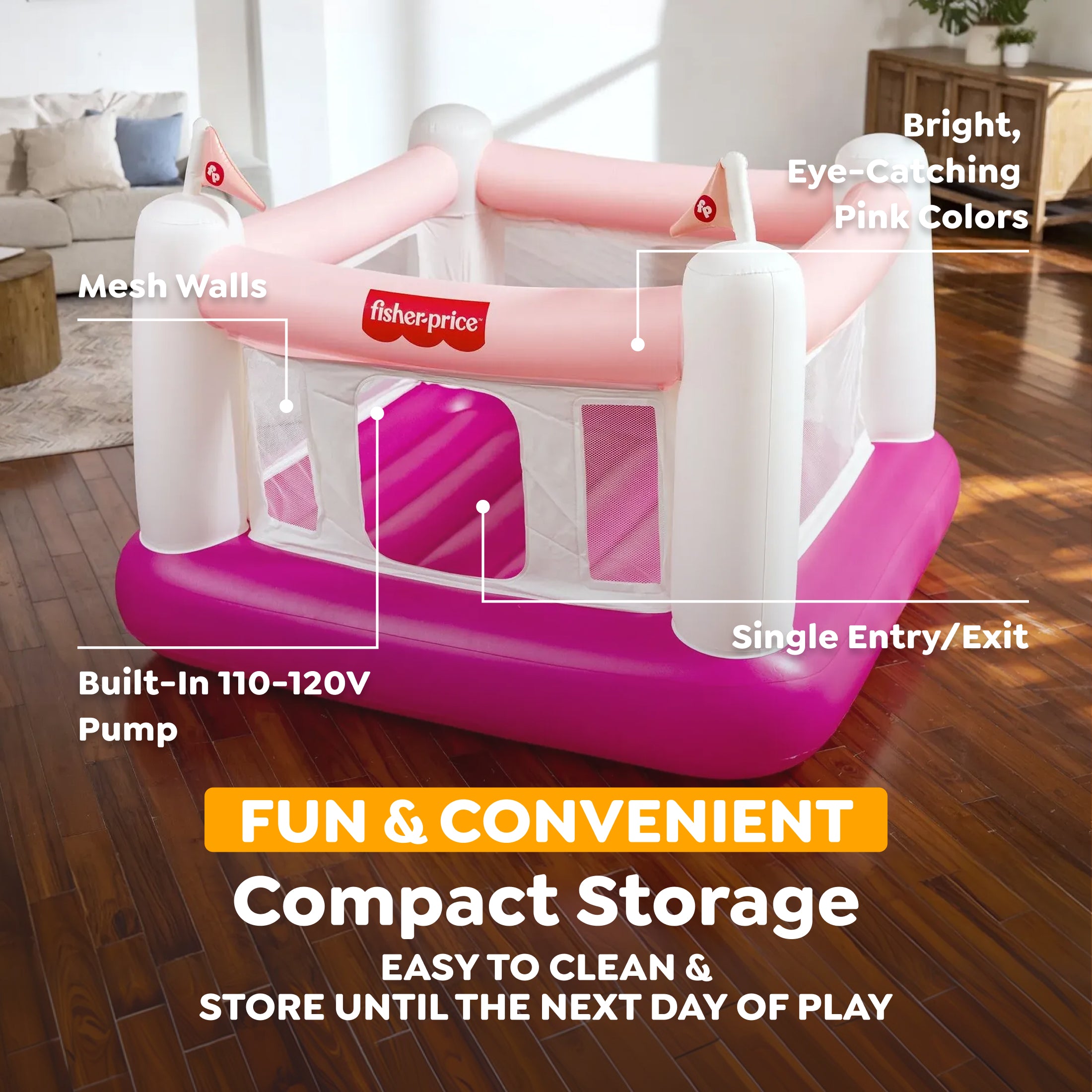 Fisher-Price Bouncesational Bounce House with Built-in Pump. Pink - Image 3
